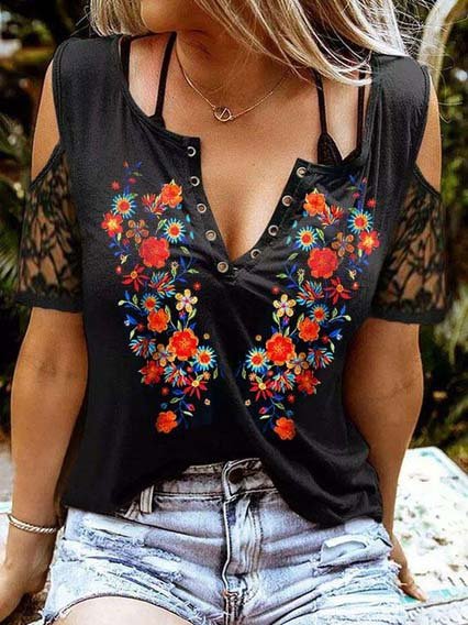 Floral Casual Crew Neck Lace Short Sleeve Tops, Black, Tees & T-shirts