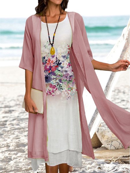 Round Neck Floral Short Sleeve Woven Dress, Pink, Midi Dresses
