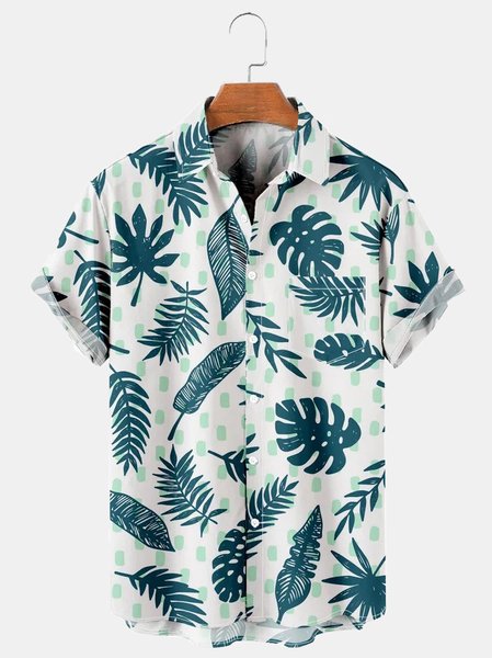 Men's Leaf Print Casual Short Sleeve Hawaiian Shirt, Green, Men's Floral shirt