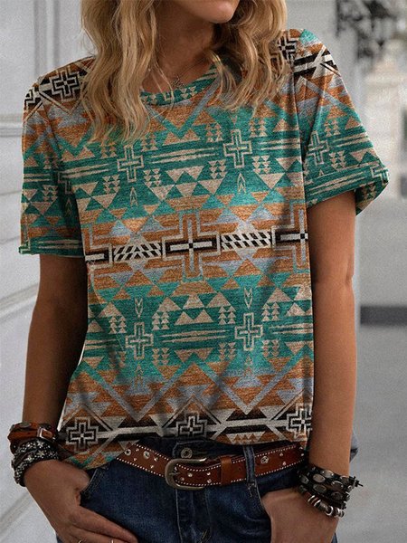 Casual Loosen Cotton Blends Short Sleeve T-Shirt, Flower, T-Shirts