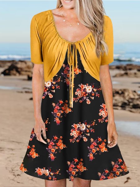 Floral Loosen Vacation Short Sleeve Knit Dress, Yellow, Dresses