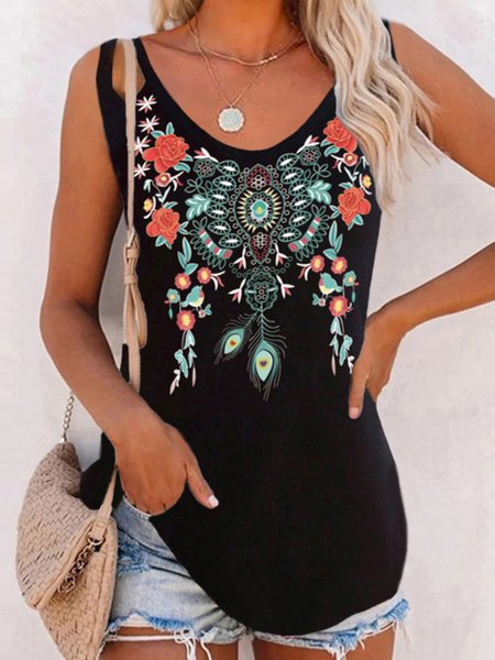 Floral V Neck Casual, Black, Tank Top