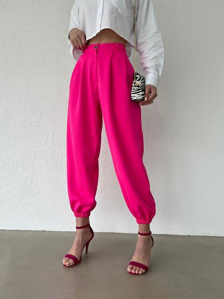 Summer Mid Waist Lightweight Plain Daily Pants, Rose red, Cropped Pants