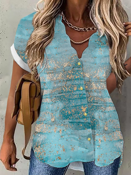 Plus size Casual V Neck Short Sleeve Blouse, Blue, Blouses & Shirts