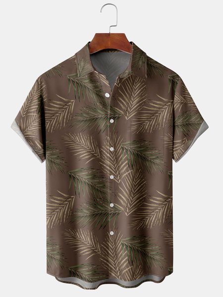 Men's Leaf Print Casual Breathable Short Sleeve Shirt, Brown, Men's Floral shirt