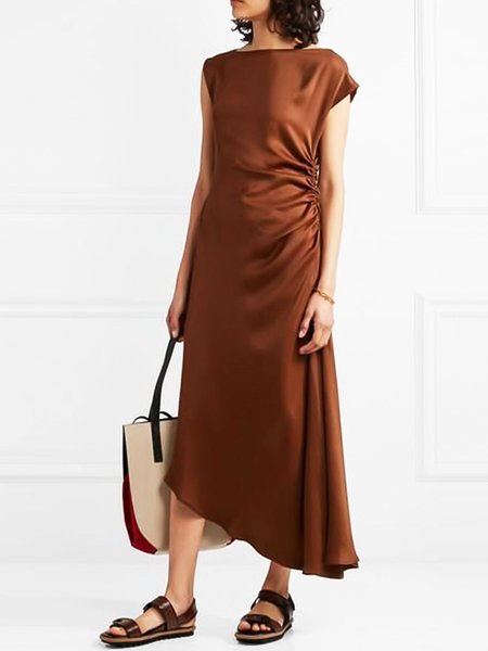 Elegant Boat Neck Slim Fit Short Sleeve Woven Dress, Brown, Maxi Dresses
