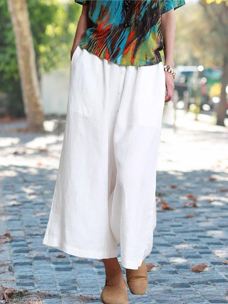 Loose Cotton Casual Wide Leg Pocket Pants, White, Pants