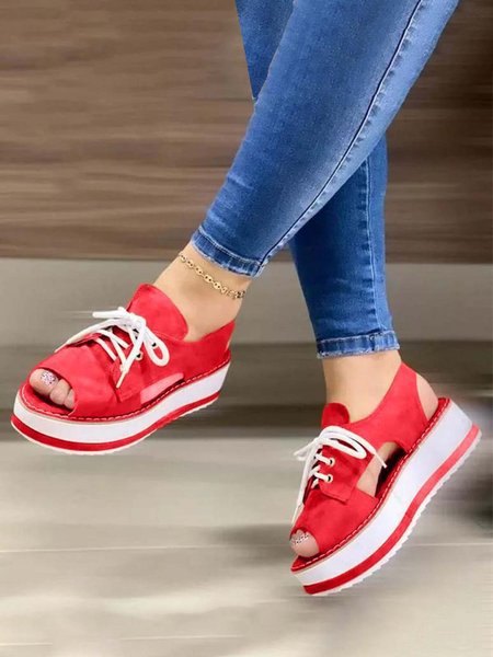 Lace-Up Cutout Platform Casual Sandals, Red, Sandals