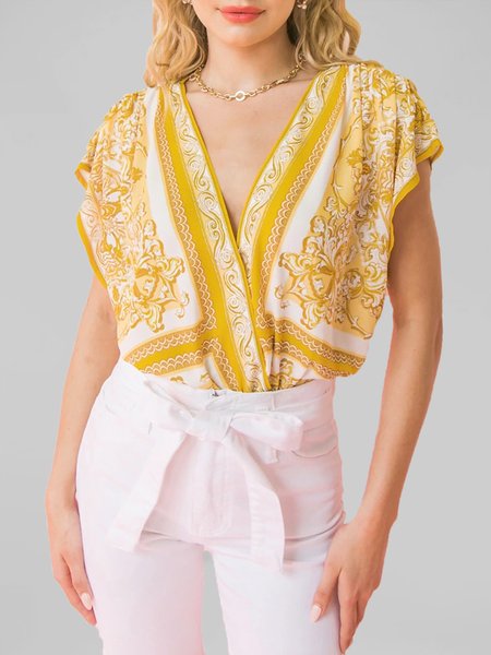 V Neck Vacation Printed Short Sleeve Top, Yellow, Tops