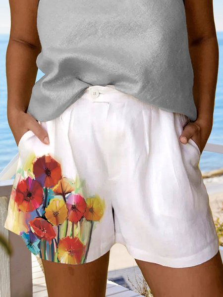Casual Cotton Floral Ruched Shorts, White, Shorts