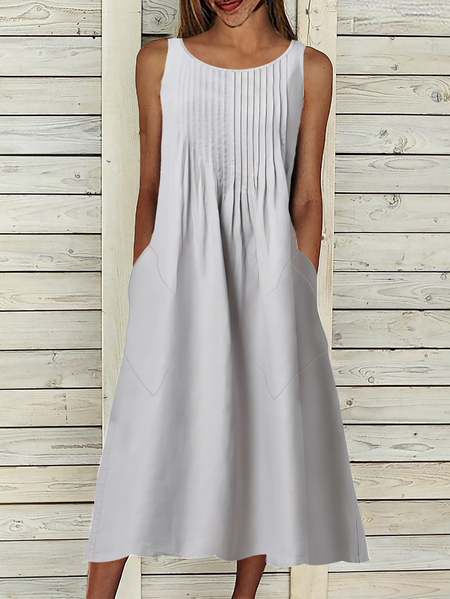 Casual Crew Neck Sleeveless Woven Dresses, Light gray, Midi Dresses