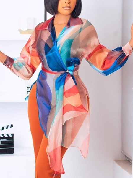 Elegant Shirt Collar Abstract Cardigan, Multicolor, Kimonos