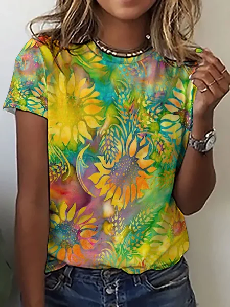 Casual Abstract Sunflower Print Crew Neck Short Sleeve T-Shirt, As picture, T-shirts
Casual Abstract Sunflower Print Crew Neck Short Sleeve T-Shirt, As picture, T-shirts