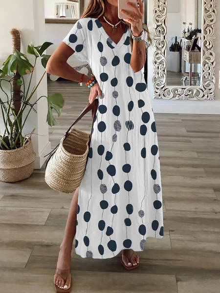 Plus size Polka Dots Casual Short Sleeve Dress, White, Maxi Dresses