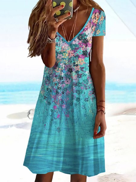 Floral Printed Short Sleeve V Neck Plus Size Casual Dresses, Blue, Mini Dresses