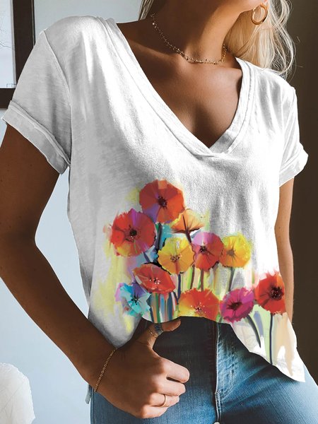 Regular Fit Casual Floral Short Sleeve T-Shirt, White, T-Shirts