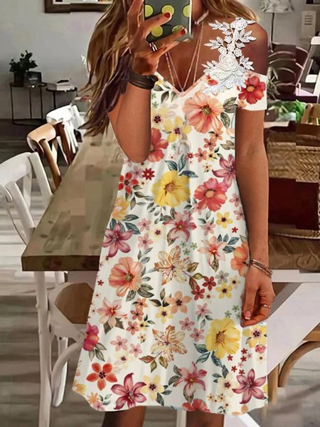 Floral Sleeveless Knitting Dresses, Yellow, Mini Dresses