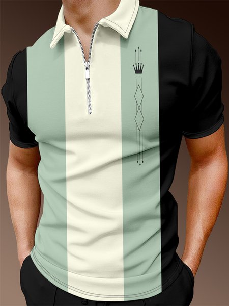 Casual Art Collection Striped Geometric Color Block Lapel Short Sleeve Polo Print Top, Black, Polo Shirts
