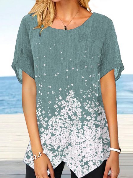 Cotton Blends Casual Short Sleeve Tops, Green, Tunics