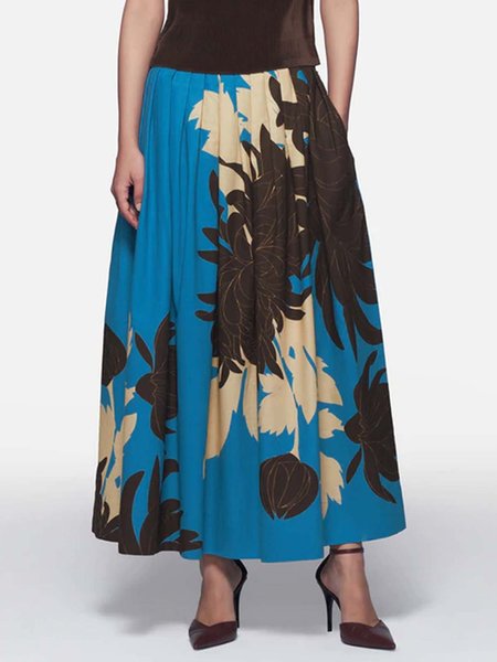 Holiday Printed Floral Long Skirt, Blue, Maxi Skirts