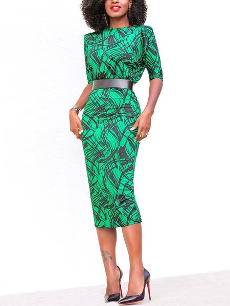 Elegant Crew Neck Plants Half Sleeve Midi Dress, Green, Midi Dresses