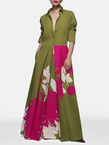 Printed Vacation Shirt Collar Dress, Green, Maxi Dresses