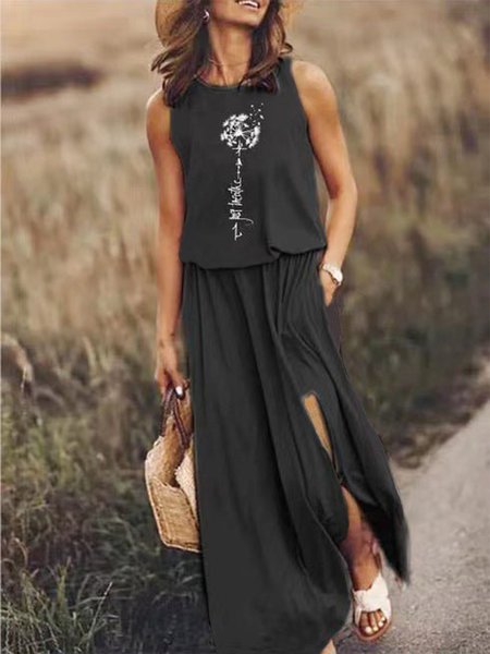 Cotton Blends Dandelion Sleeveless Knitting Dresses, Black, Maxi Dresses