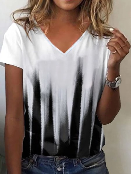 Black-white Striped Printed Casual Short Sleeve V neck T-Shirt, Tees & T-shirts