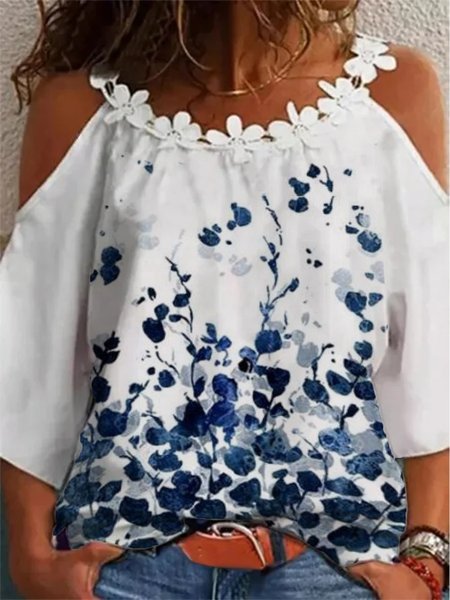 Casual Floral Loosen Crew Neck Short Sleeve Tops, Blue, Tops
