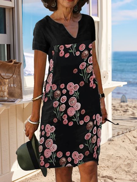 Floral Printed Regular Fit V neck Short Sleeve Knee-length Dress, Black, Dresses
Floral Printed Regular Fit V neck Short Sleeve Knee-length Dress, Black, Dresses