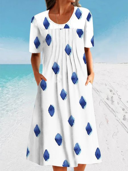 Geometric Vacation Short Sleeve Knit Dress, White, Midi Dresses