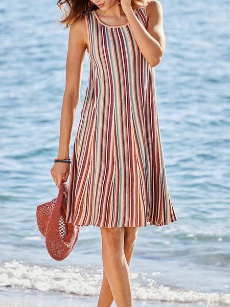 Vacation Crew Neck Sleeveless Woven Dresses, Multicolor, Dresses