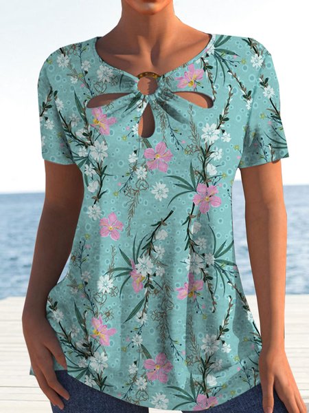 Loosen Crew Neck Vacation Short Sleeve T-Shirt, Flower, T-Shirts