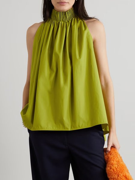 Simple Solid High Neck Regular Fit, Green, Tanks and Camis