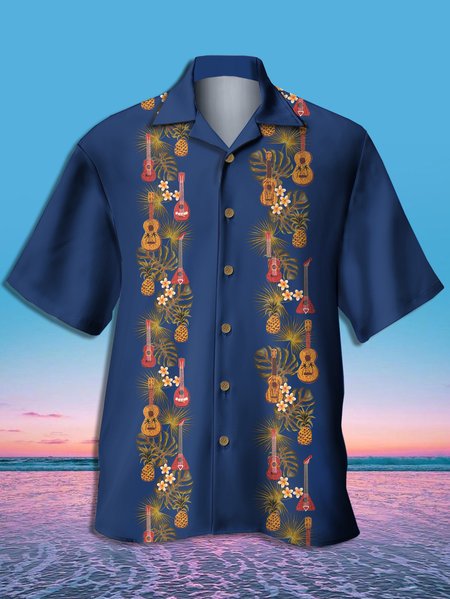 Hawaiian Music Graphic Men's Casual Breathable Short Sleeve Shirt, Deep blue, Men's Floral shirt