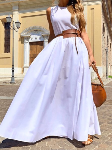 Summer Lightweight Crew Neck Loosen Plain Sleeveless Woven Dresses, White, Maxi Dresses
Summer Lightweight Crew Neck Loosen Plain Sleeveless Woven Dresses, White, Maxi Dresses