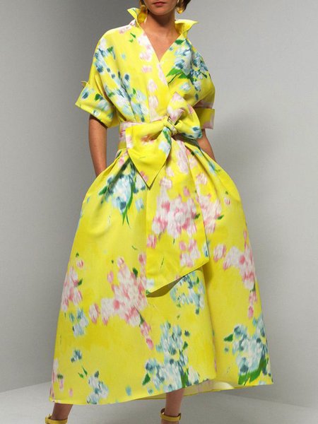 Shirt Collar Elegant Floral Short Sleeve Woven Dress, Yellow, Maxi Dresses