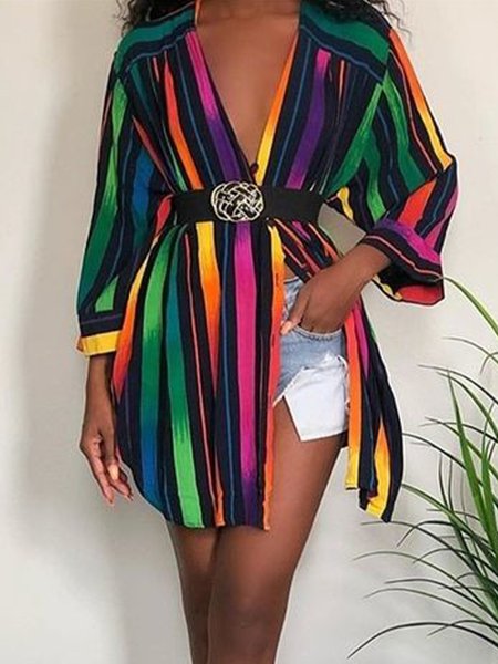 Regular Fit V Neck Striped Daily Cardigan, Multicolor, Kimonos
