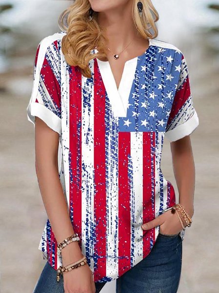 Independence Day Flag Print Short Sleeve Top, Blue, Tops