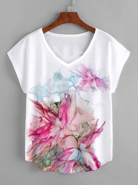 Floral V Neck Casual Short Sleeve T-Shirt, White, Tops