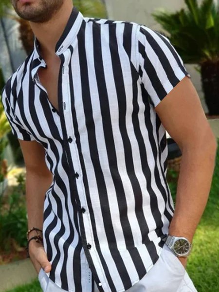 Men's Casual Stand Collar Striped Short Sleeve Shirt, Black, Men's Floral shirt