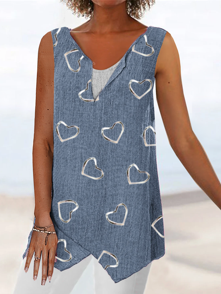 Notched Heart Casual Woven, Blue, Tank Top