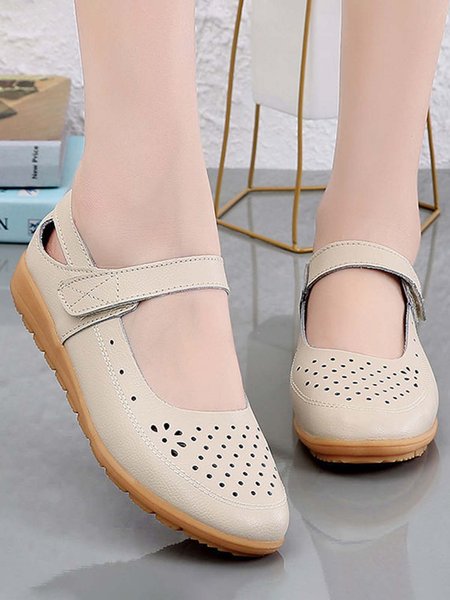 JFN Cutout Casual Velcro Mary Jane Shoes, Beige, Flats