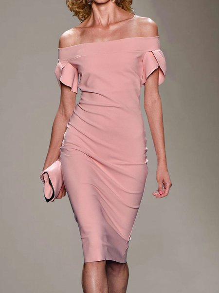 Elegant Solid Boat Neck Short Sleeve Knit Dress, Dusty pink, Midi Dresses