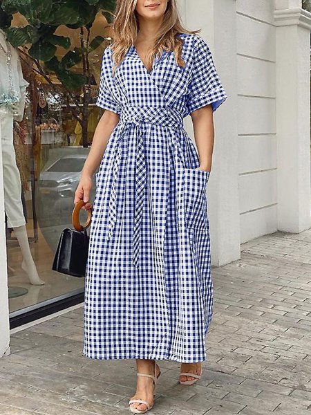 Summer Lightweight Vacation Loosen Short Sleeve Woven Daily Dress, Blue, Maxi Dresses