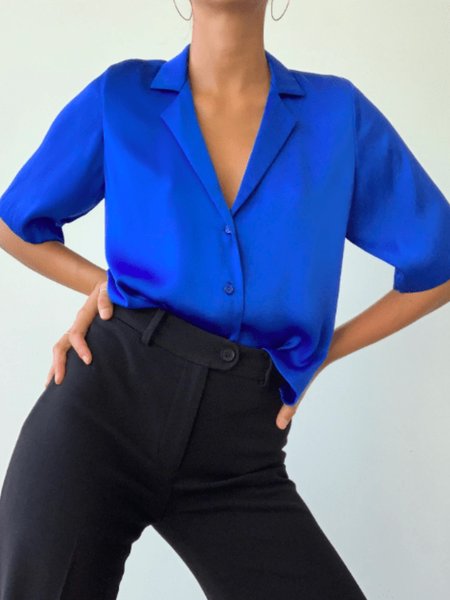 Summer Lightweight Loosen Casual Short Sleeve Daily Blouse, Blue, Blouses and Shirts