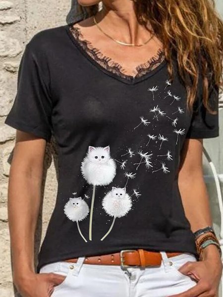 Fun Dandelion Design Lace Collar T-Shirt, Black, Tees & T-shirts