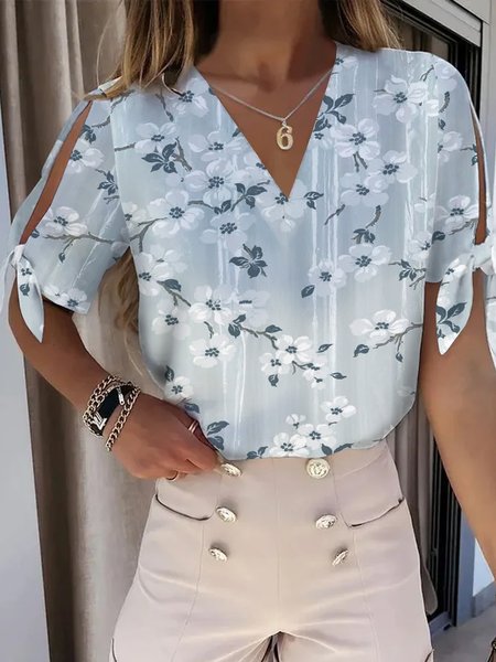Printed Casual Loosen Short Sleeve Tops, Blue, Tops