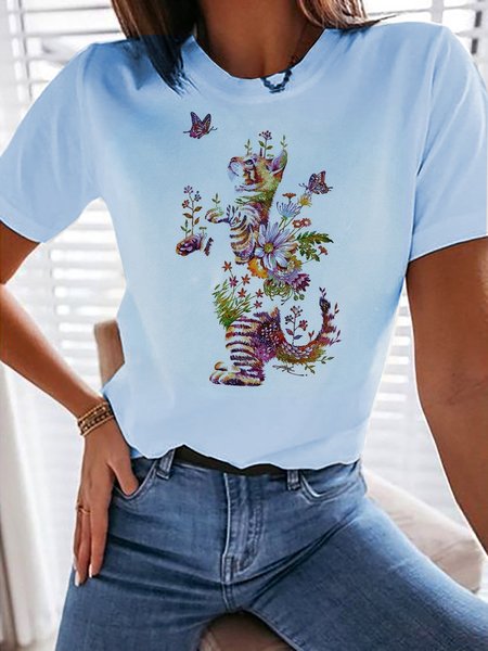 Floral Print Short Sleeve Casual T-Shirt, Light blue, T-Shirts