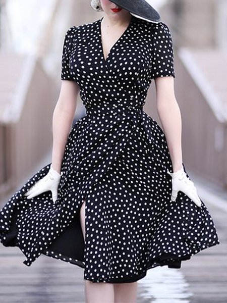 Polka Dots Regular Fit Elegant Short Sleeve Knee Dress, Black, Midi Dresses
